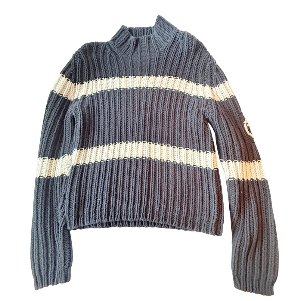 Vintage Y2K Tommy Hilfiger 2003 Navy Cream Chunky Ribbed Mock Neck Sweater L